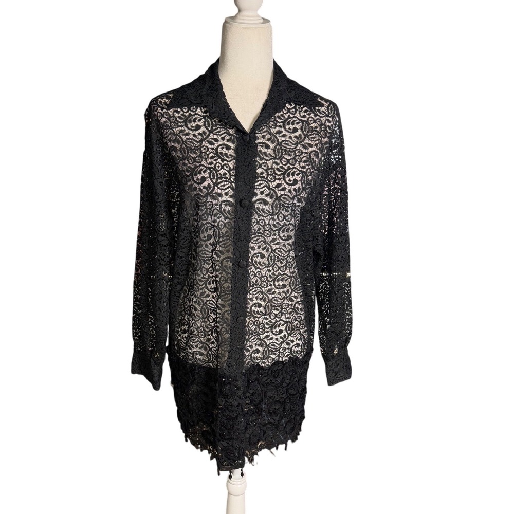 Vintage 90s Sheer Black Lace Duster Blouse Beaded Longline Button Front Medium